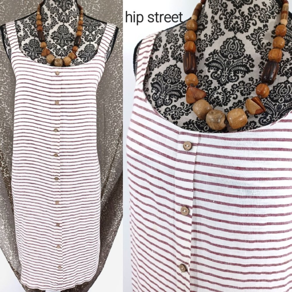 ARTISAN NY Dress Strap Shoulder Button Front Stripe Linen Shift L